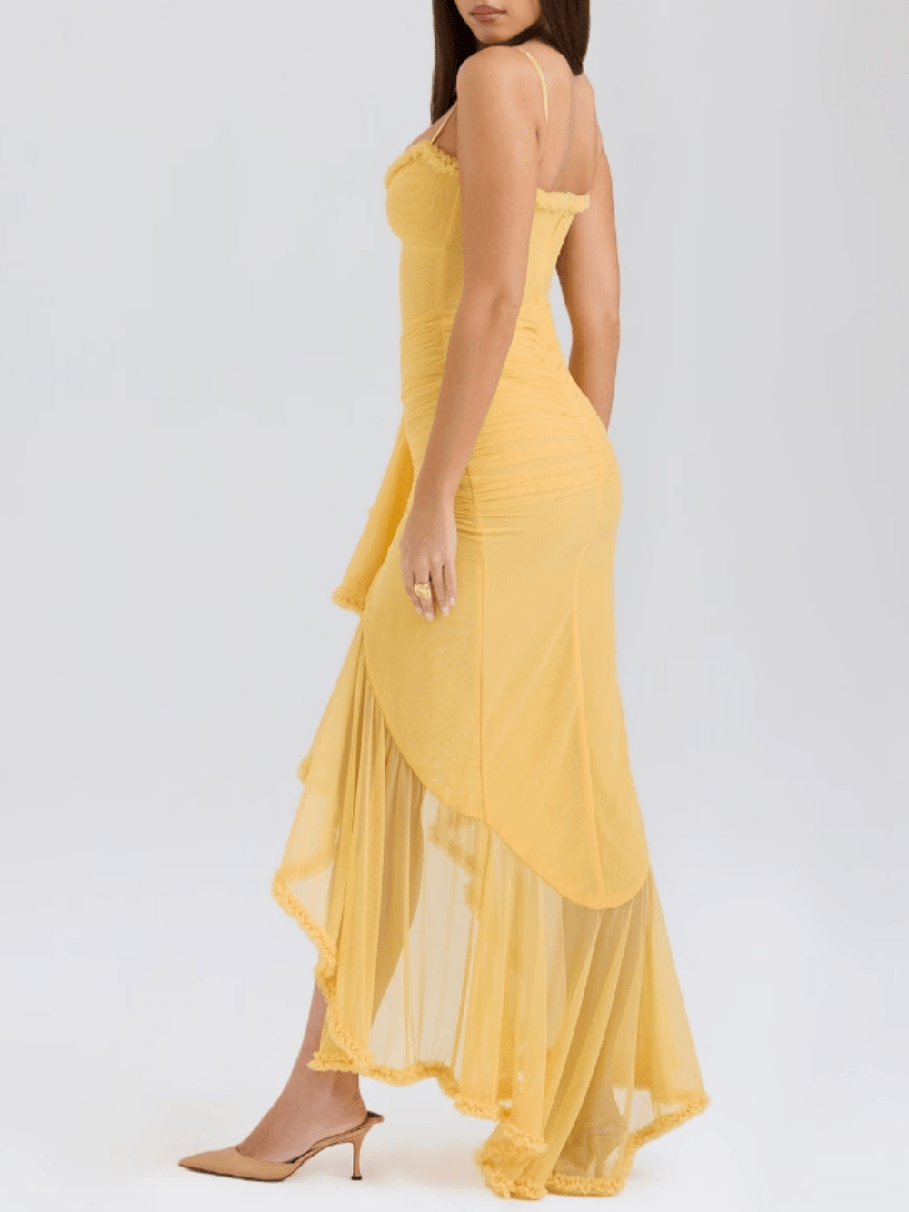 Apricot ruffled front gown