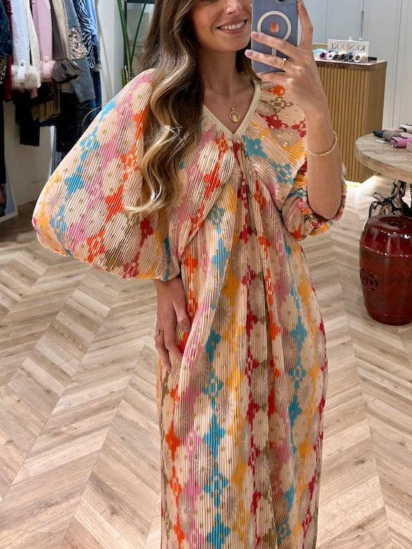 Unique Mosaic Printed Puff Sleeve Pleated Midi Dress