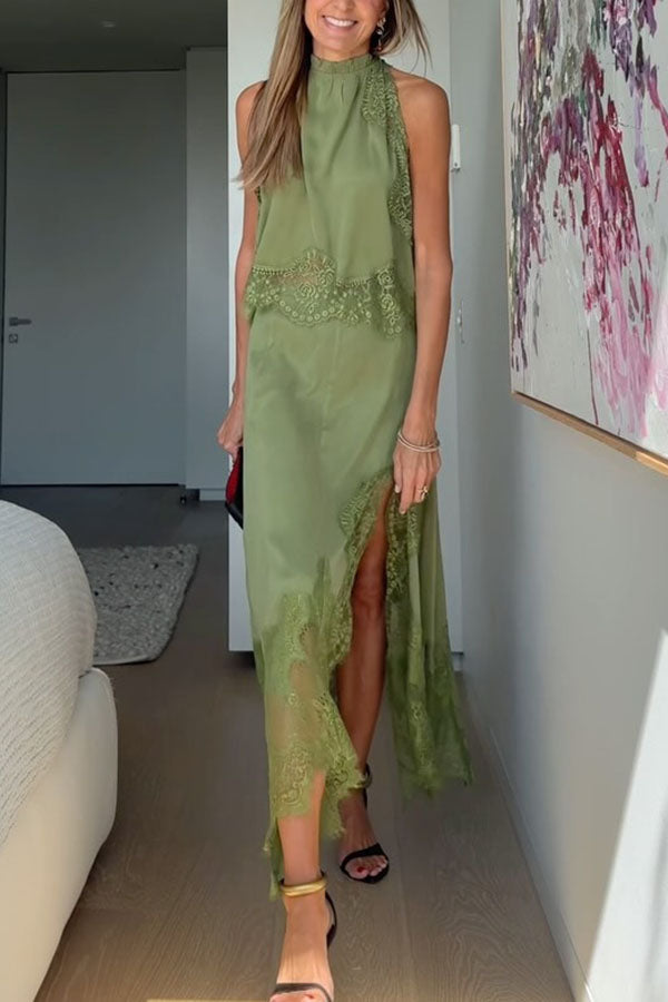 Lace Pleated Collar Top + Irregular Slit Skirt Set