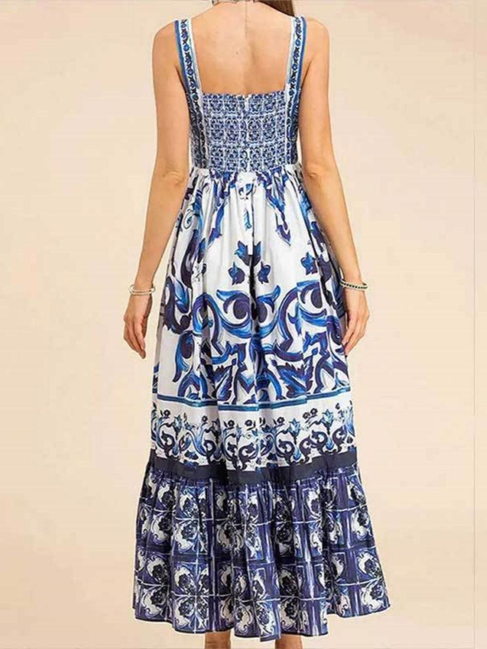 Printed Shirred Strap Maxi Dress