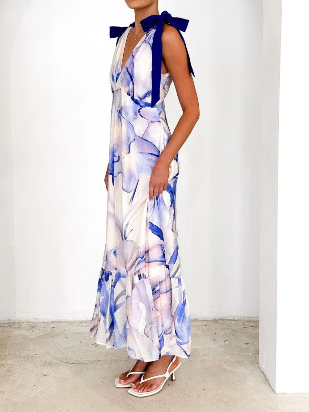 Lace-up V-neck printed dress