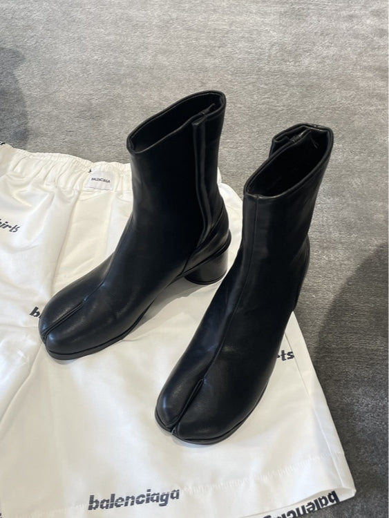 Genuine leather split-toe chunky heel mid-calf Martin boots