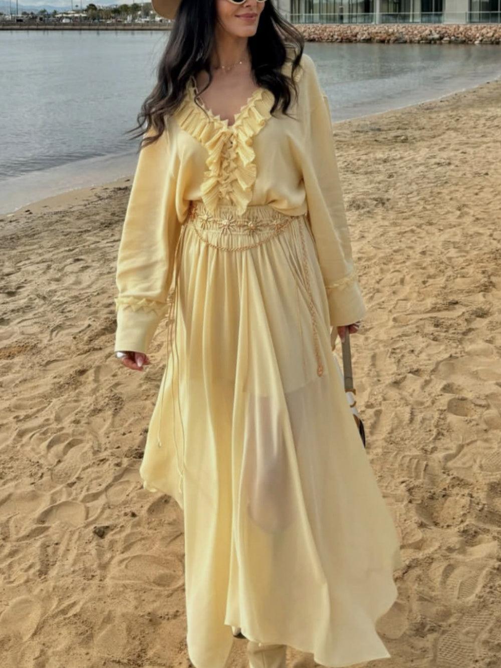 Two-Way Ruffled Long Sleeve Shirt and Skirt Set