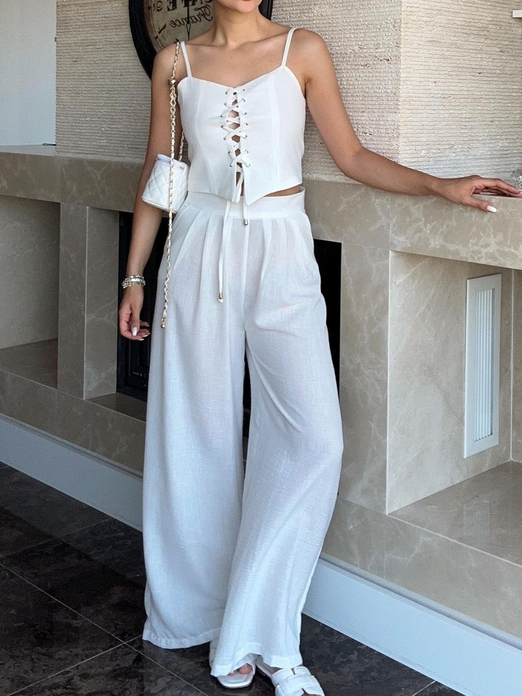 Linen Blend Tie Front Camisole Two-Piece Set