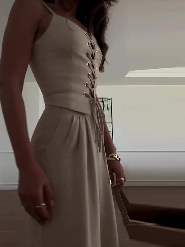 Linen Blend Tie Front Camisole Two-Piece Set