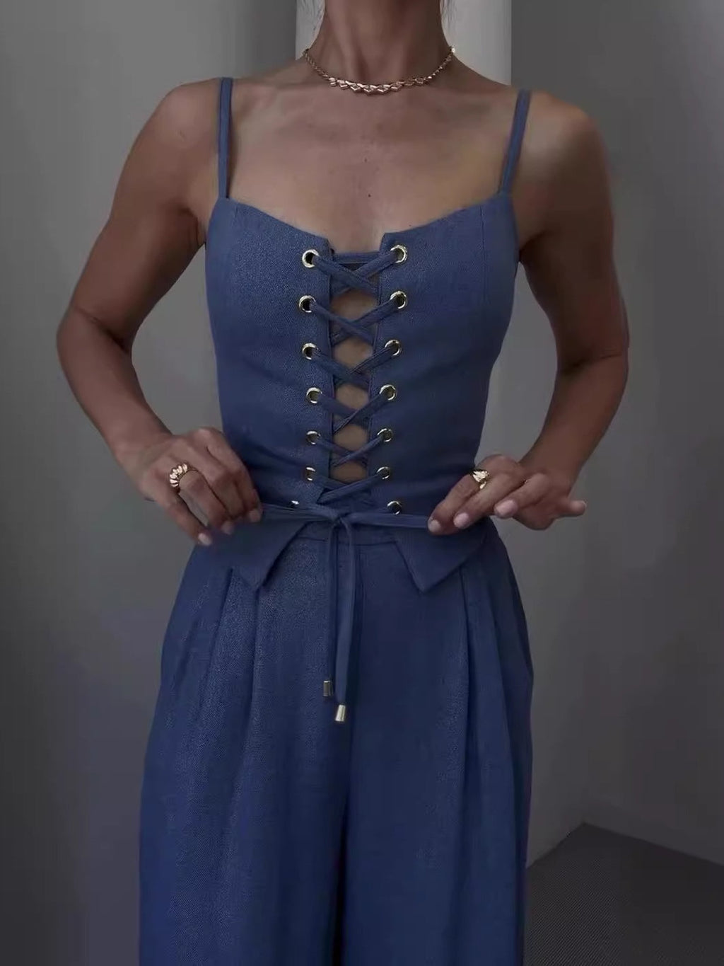 Linen Blend Tie Front Camisole Two-Piece Set