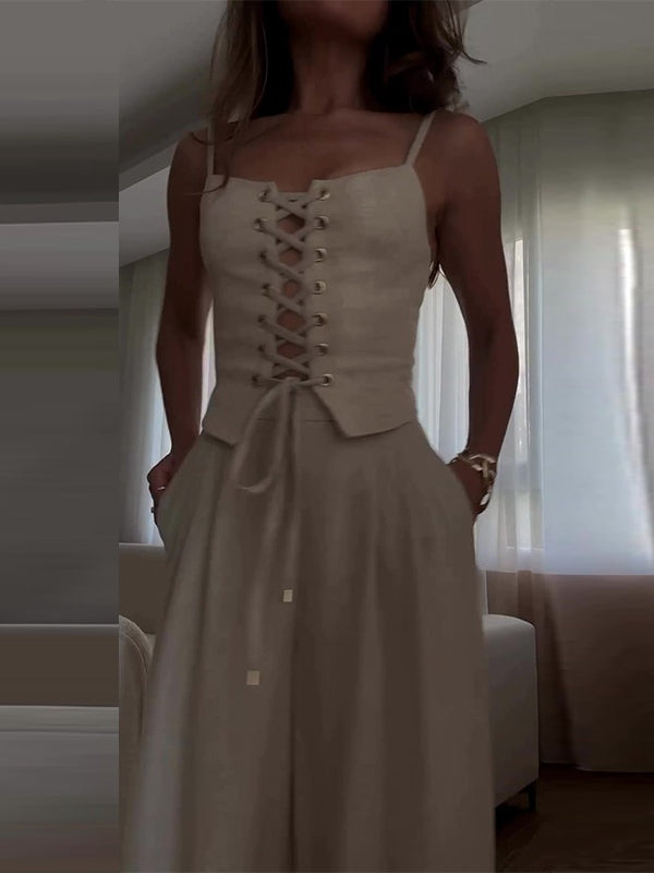 Linen Blend Tie Front Camisole Two-Piece Set