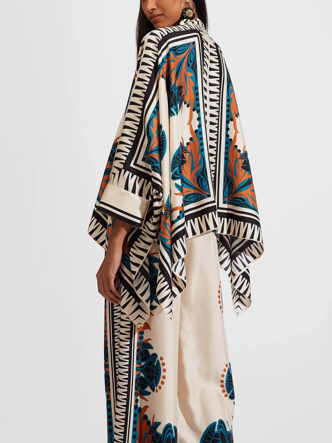 Fine Satin Floral Print Batwing Sleeve Shirt+Pants Suit