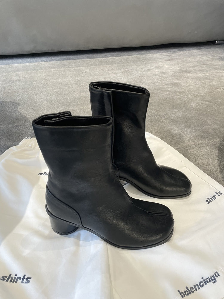 Genuine leather split-toe chunky heel mid-calf Martin boots