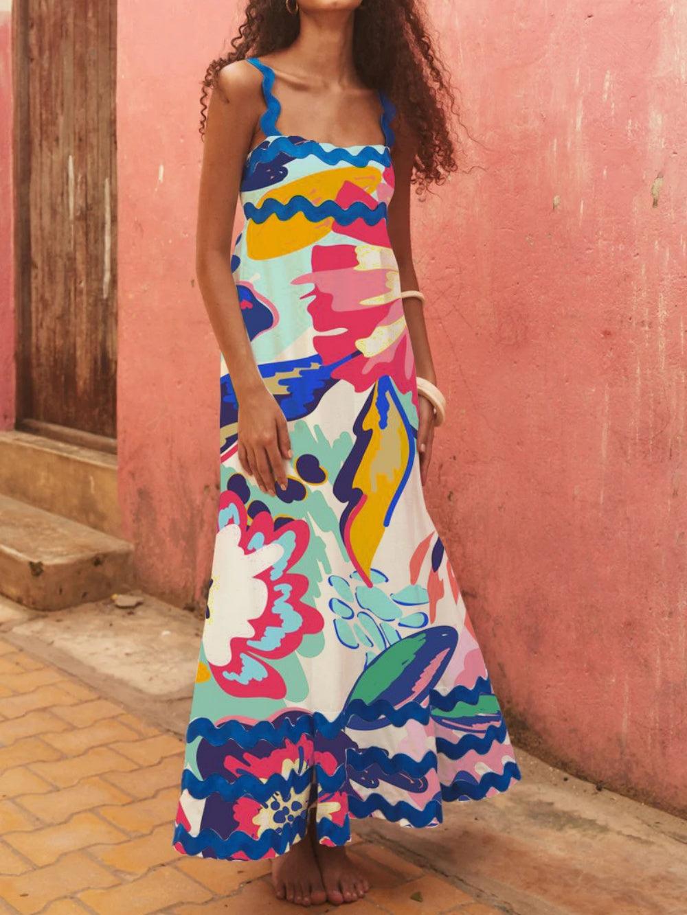 Floral wave strap A-line dress