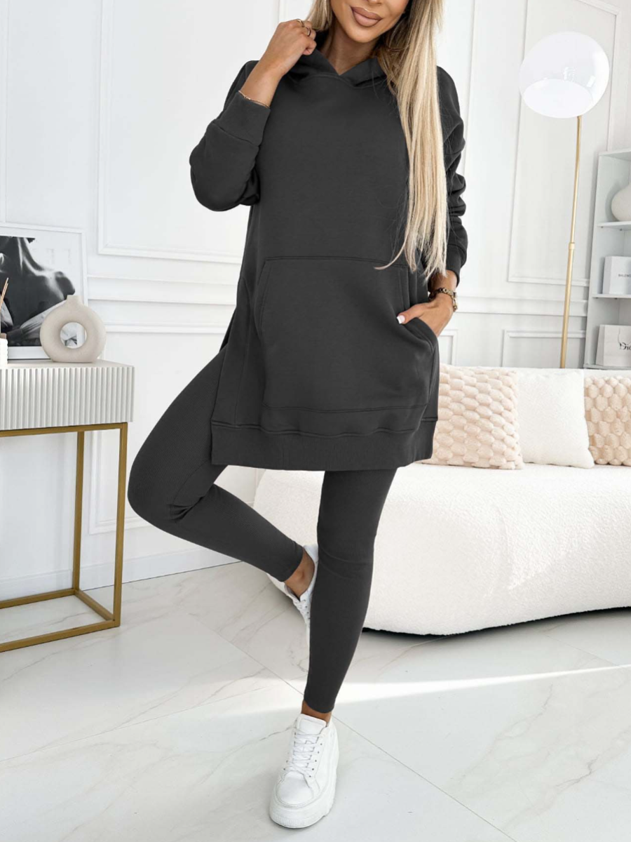 Fashion Solid Color Hoodie and Lined Leggings Two-piece Set