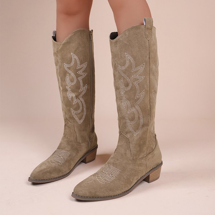 Embroidered Denim High-top Chunky-heeled Western Boots