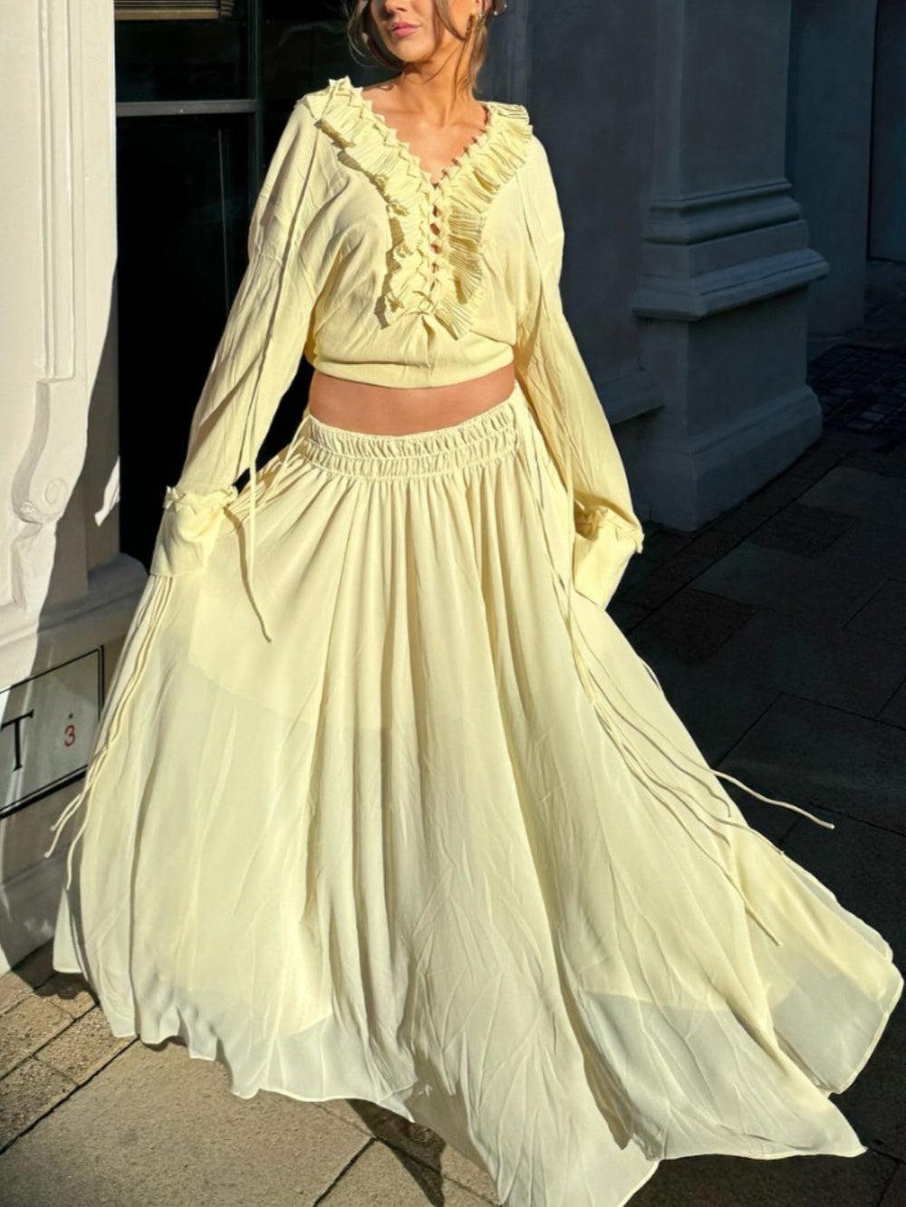 Two-Way Ruffled Long Sleeve Shirt and Skirt Set