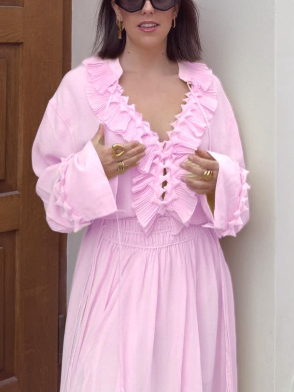 Two-Way Ruffled Long Sleeve Shirt and Skirt Set