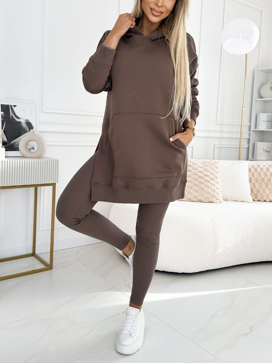 Fashion Solid Color Hoodie and Lined Leggings Two-piece Set