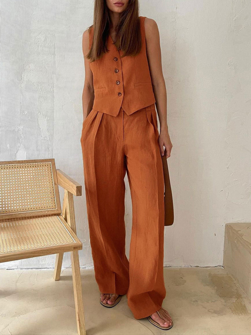 Classic V-neck Pleated Cotton and Linen Wide-leg Pants Suit