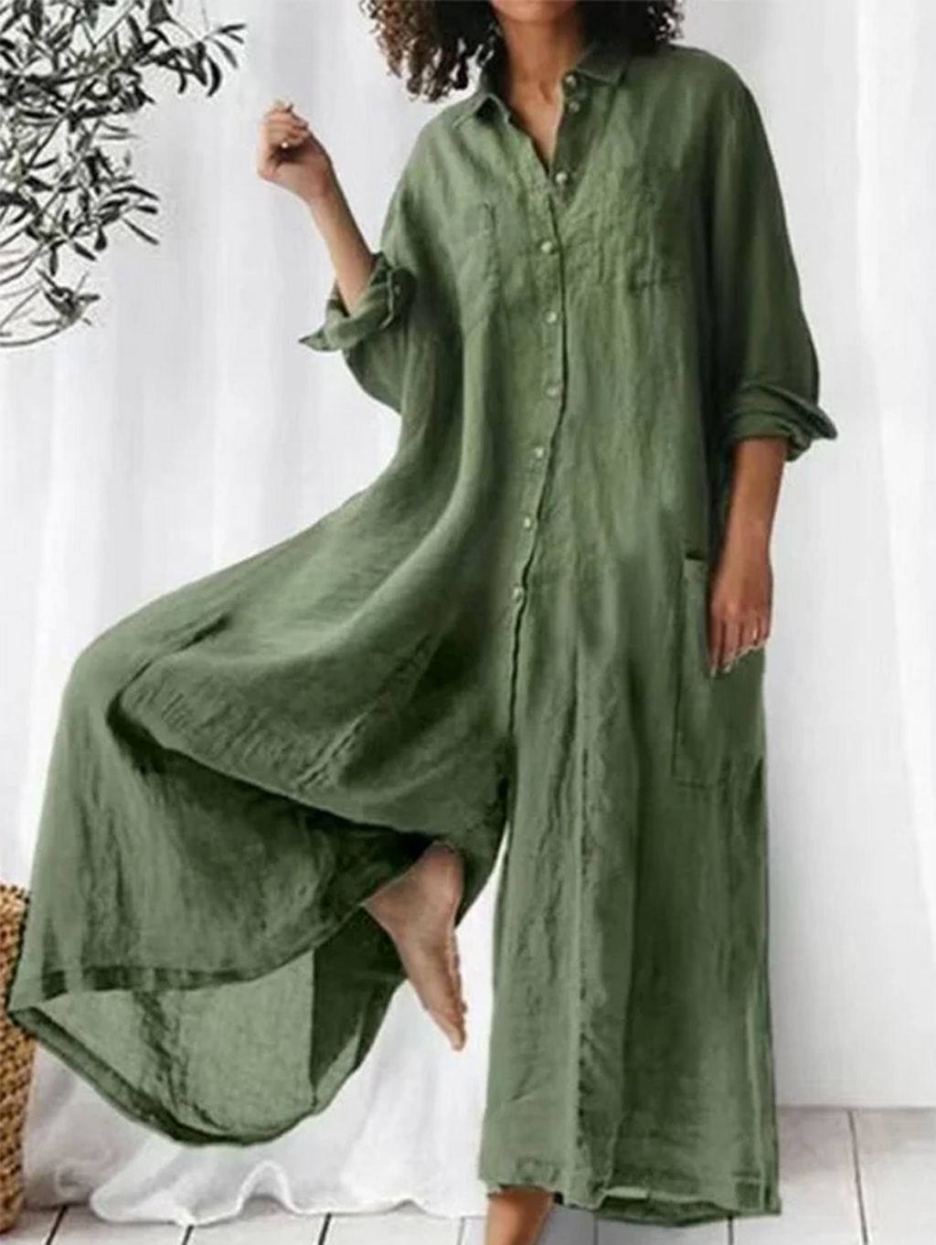 Casual Plain Lapel Collar Single Breasted Wide Leg Jumpsuit