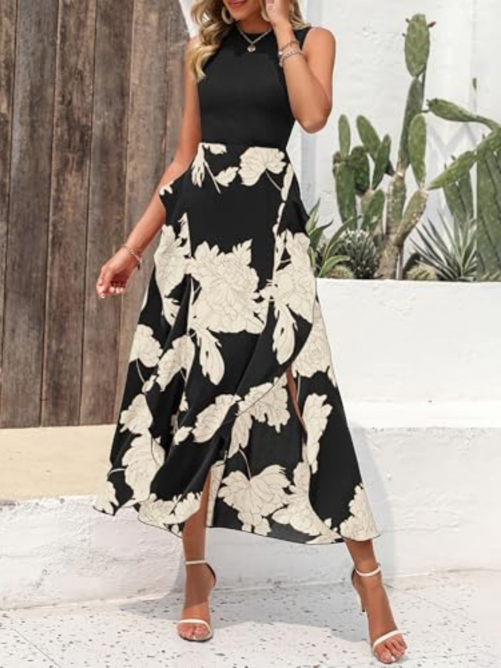 Elegant printed sleeveless midi dress