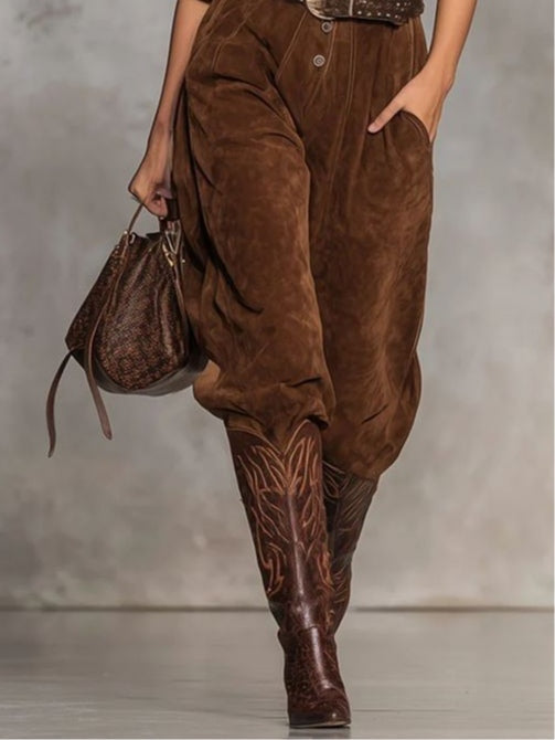 Brown suede jumpsuit with lapel and buttons（Includes belt）