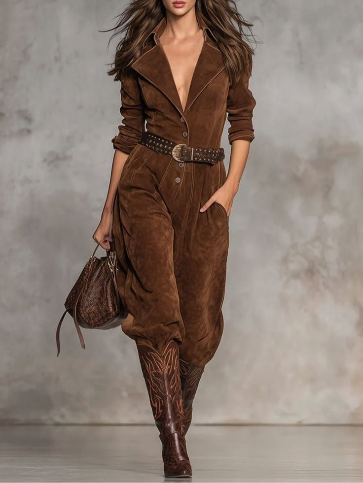 Brown suede jumpsuit with lapel and buttons（Includes belt）