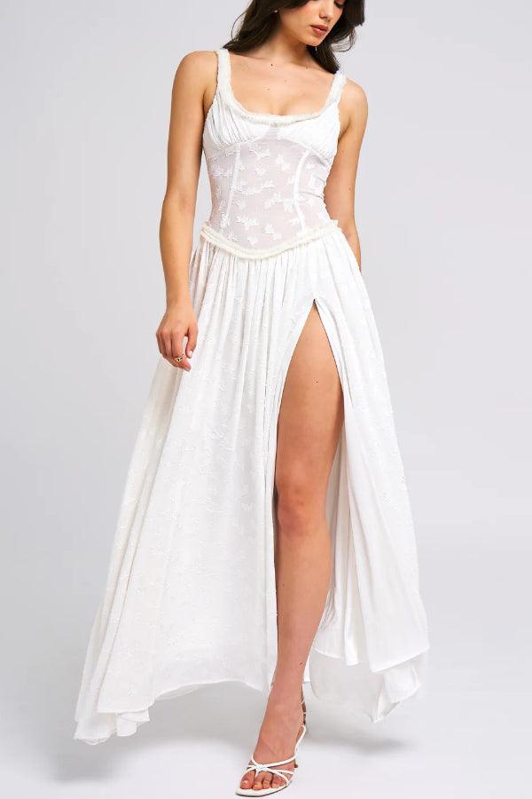 Light Green Square Neck Jacquard Textured High Slit Maxi Dress