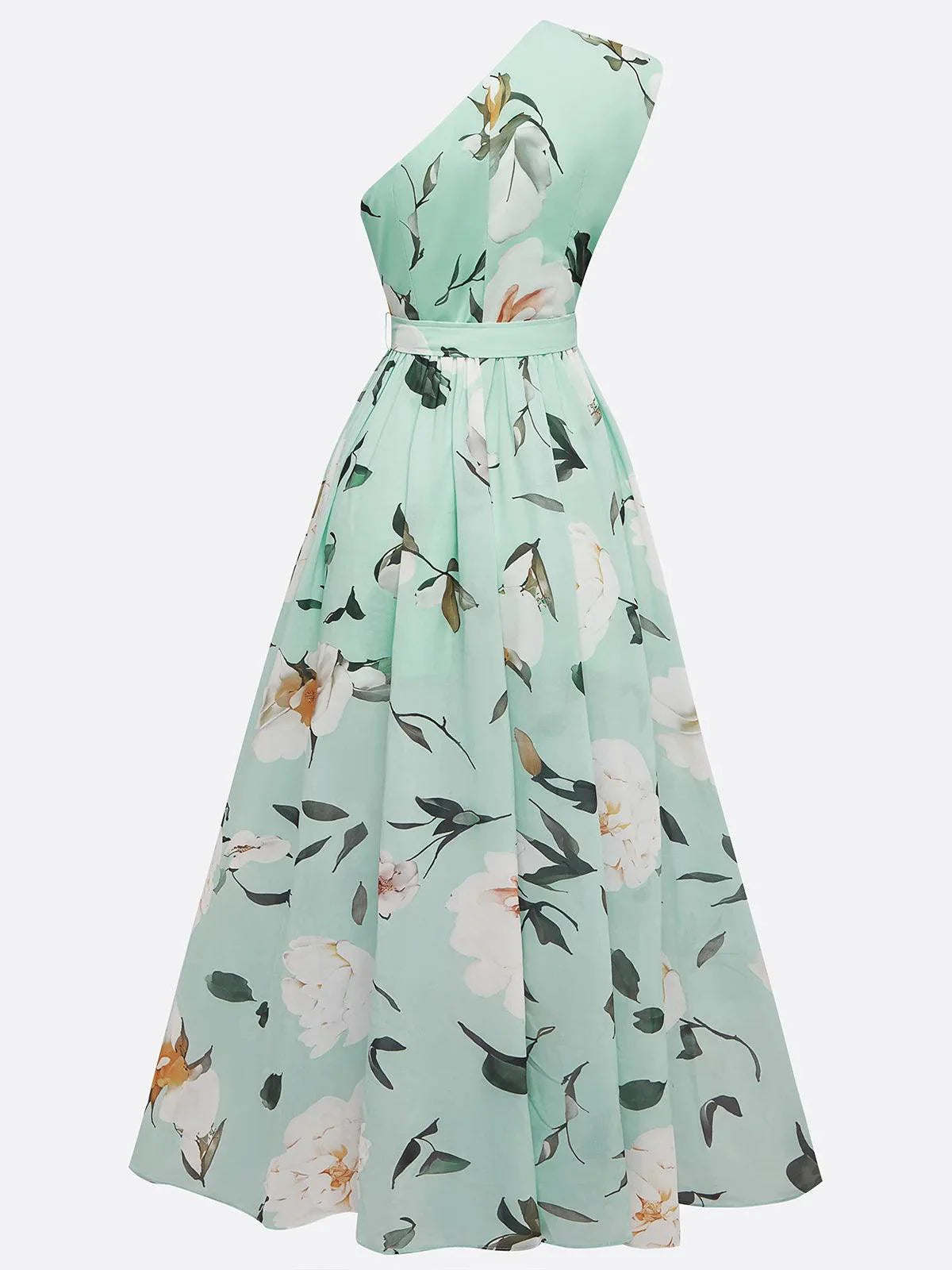 Light Green Floral Ruched One Shoulder A-Line Maxi Chiffon Dress