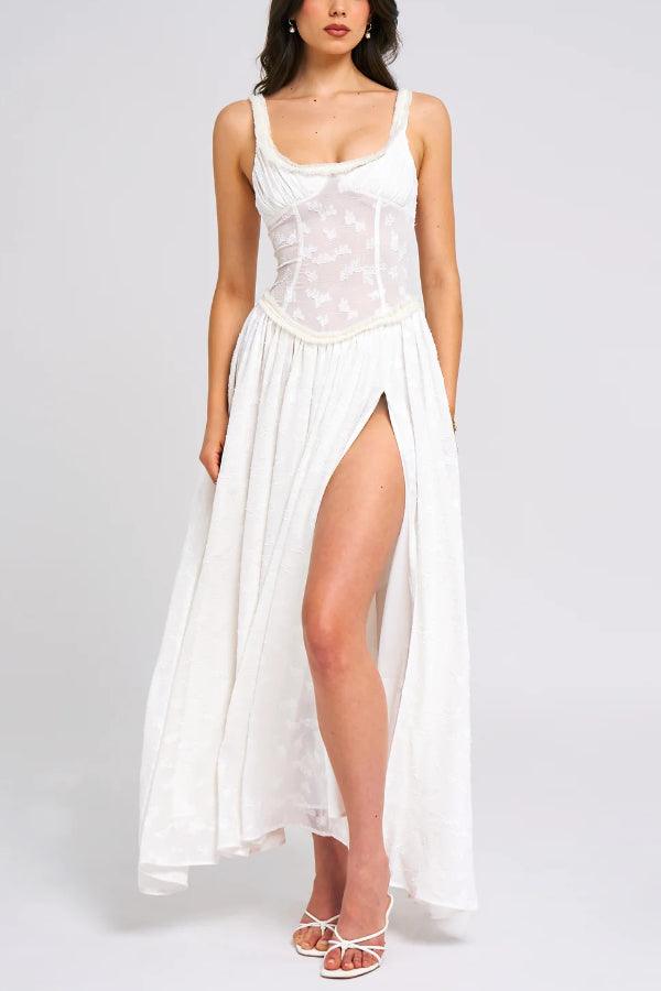 Light Green Square Neck Jacquard Textured High Slit Maxi Dress