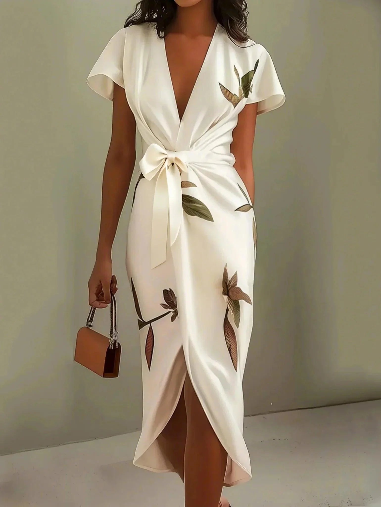 White Leaf Short Sleeve Satin Wrap Sheath Midi Dress