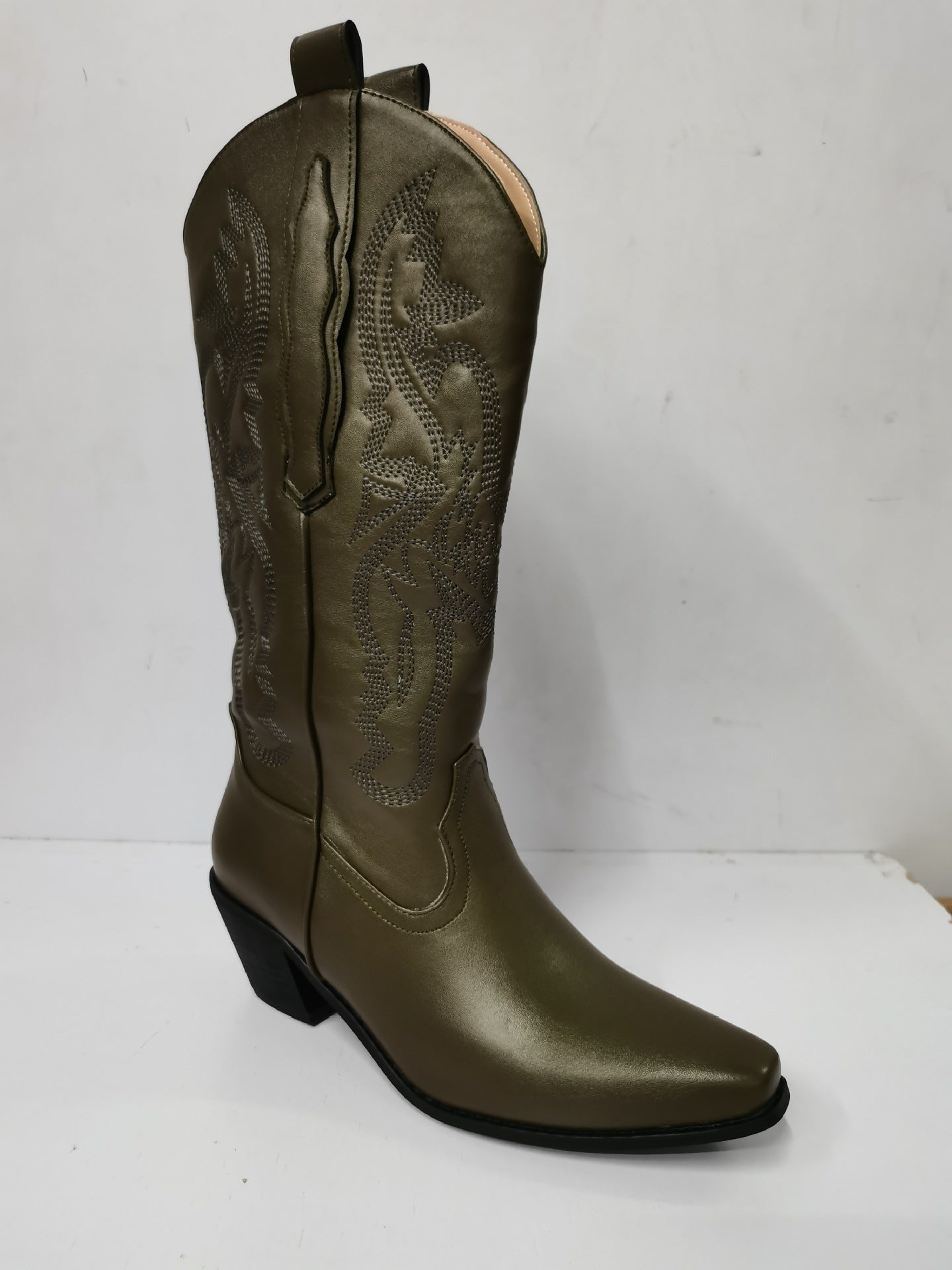Embroidered Pointed Toe Thick Heel Western Boots