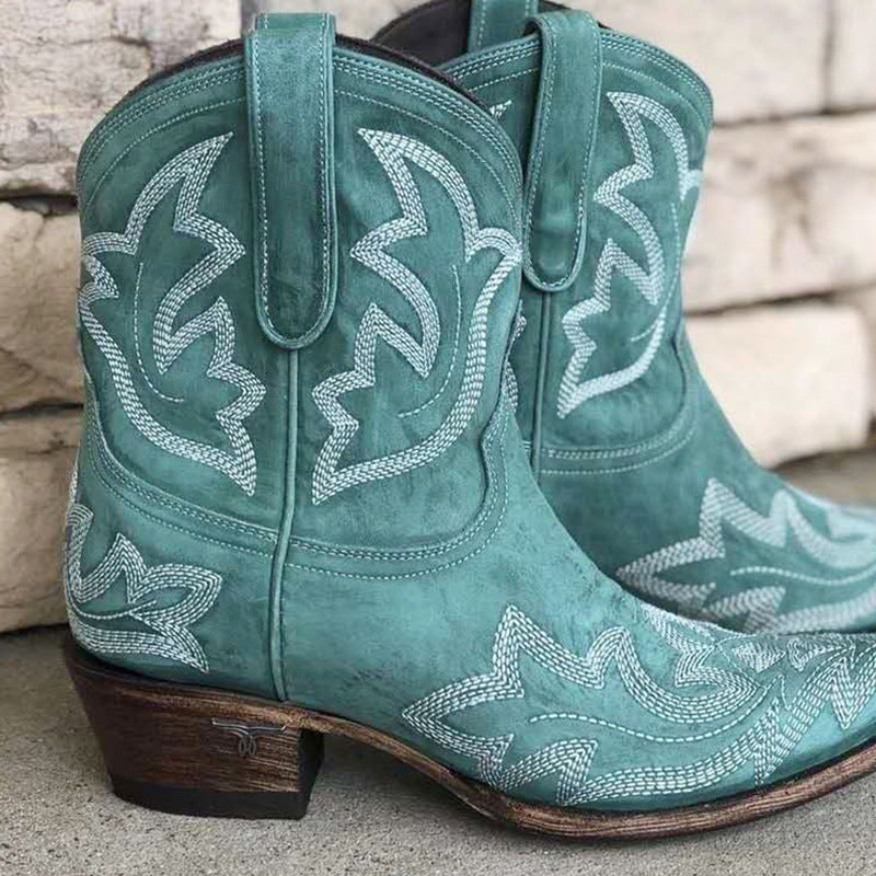Vintage Embroidered Block Heel Short Western Boots
