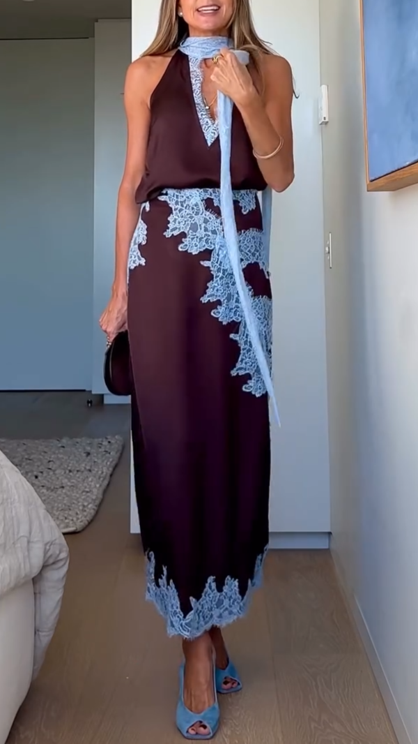 Elegant Brown and Blue Lace Panel Top + Skirt Suit Set