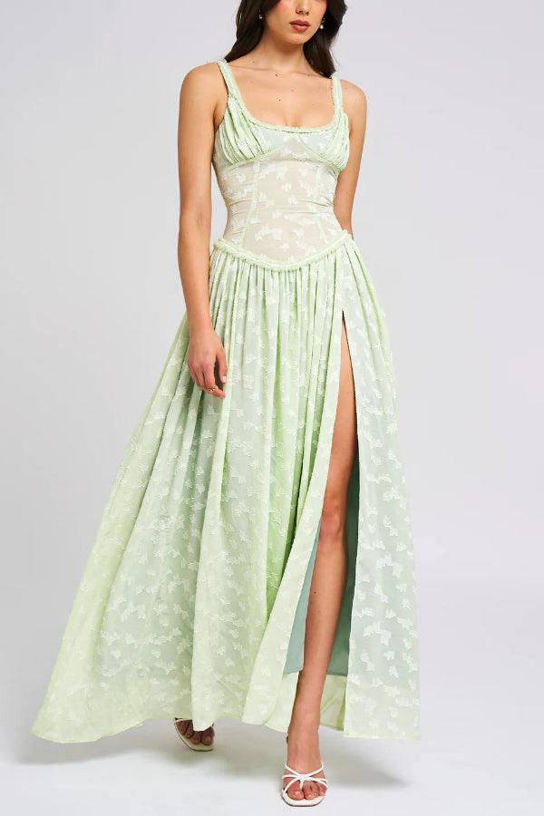 Light Green Square Neck Jacquard Textured High Slit Maxi Dress