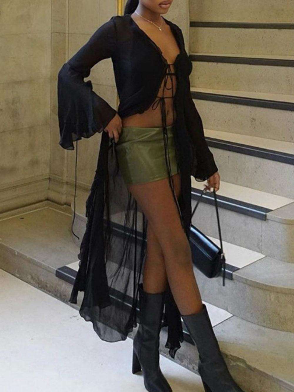 Tie-strap mesh see-through long-sleeved maxi dress