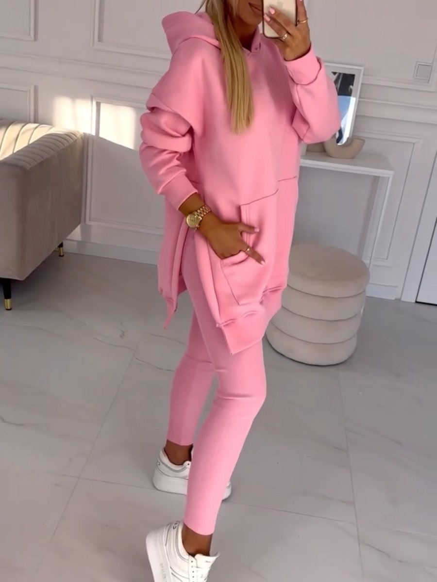 Fashion Solid Color Hoodie and Lined Leggings Two-piece Set