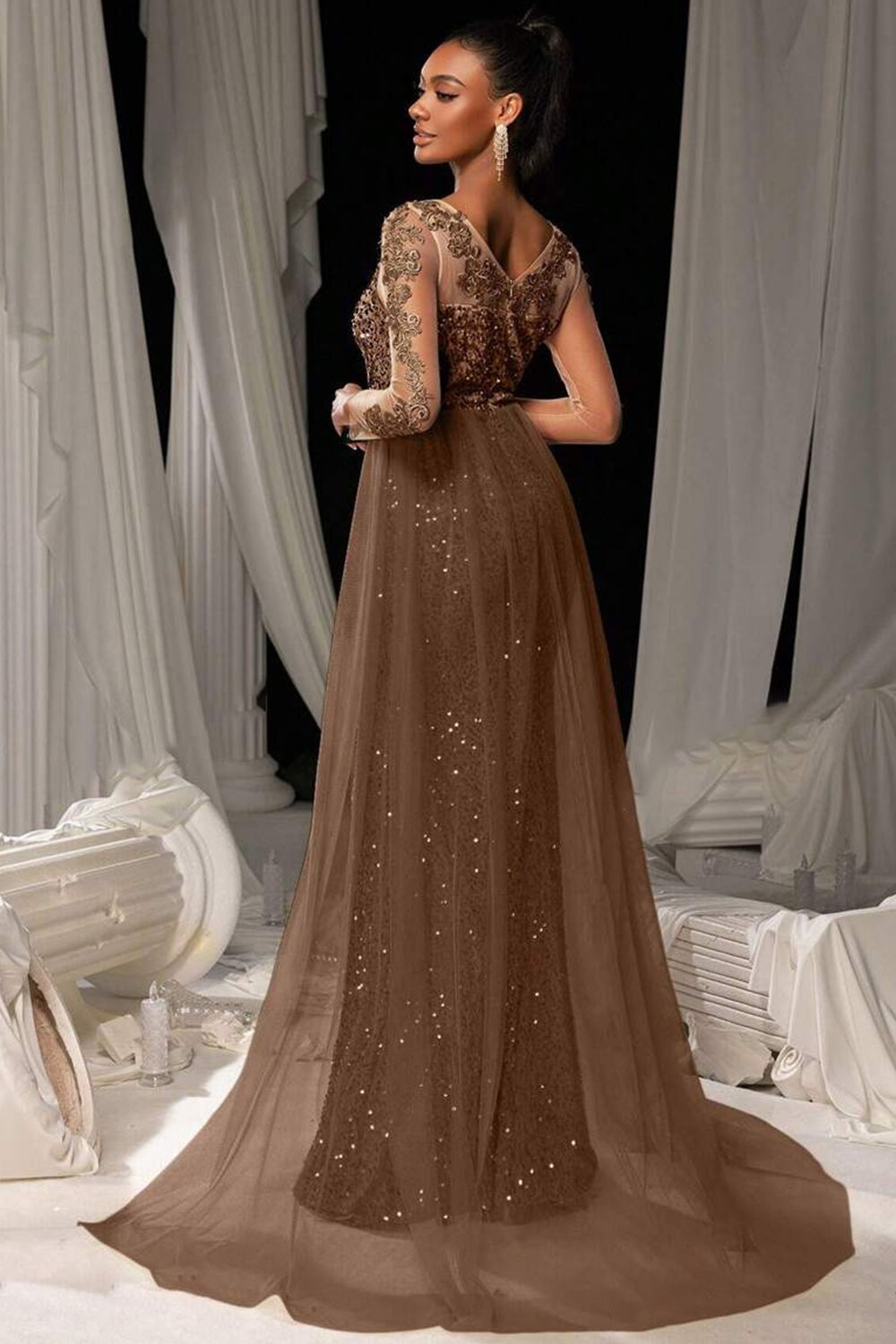 Evening Gown Dark Brown Sequined Lace Tulle Overskirt Mermaid Maxi Dress