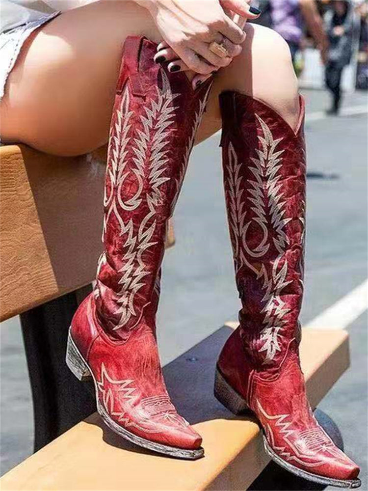 Vintage Western Cowboy Embroidered Knee-High Boots