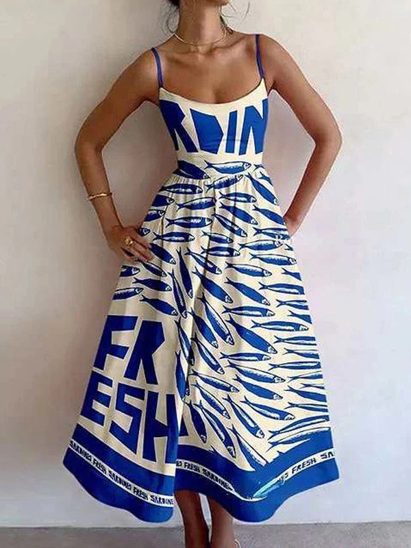 Vintage Sardine Print Suspender Dress