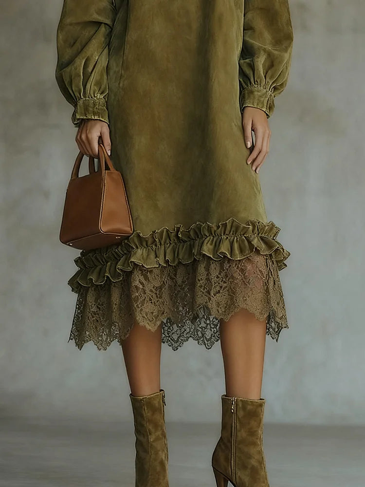 Olive green turtleneck suede lace hem midi dress