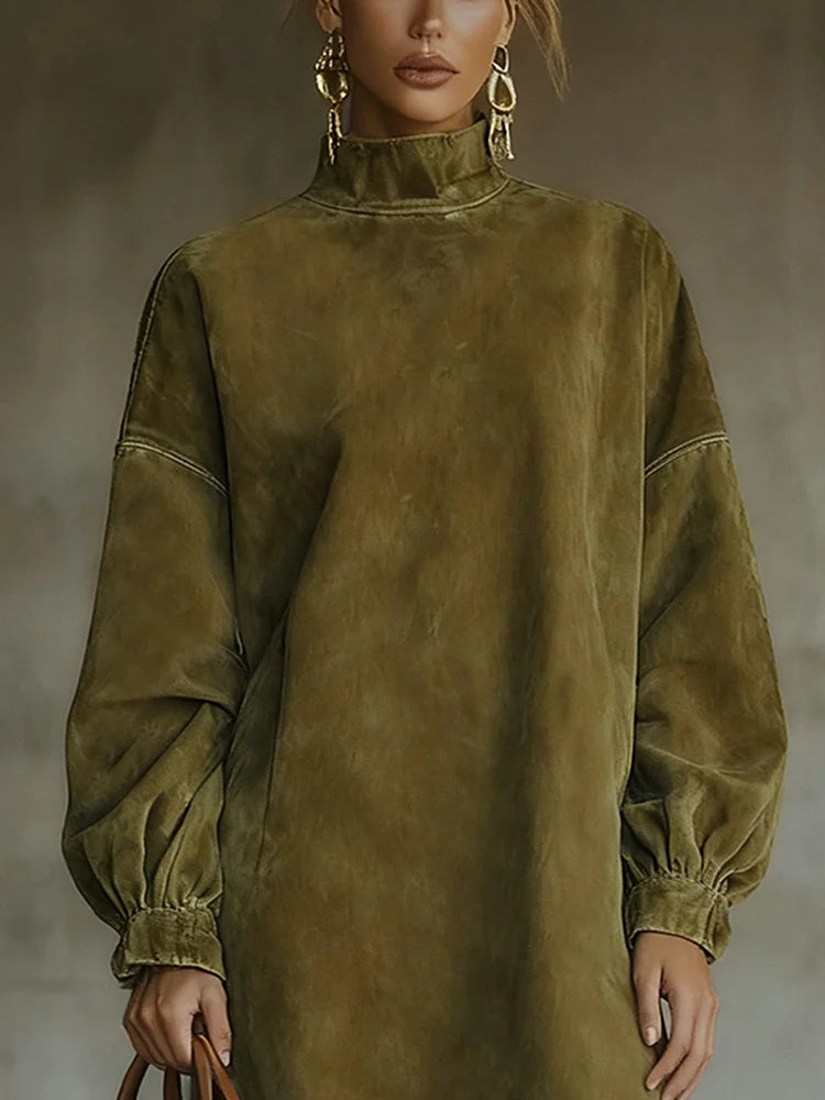 Olive green turtleneck suede lace hem midi dress