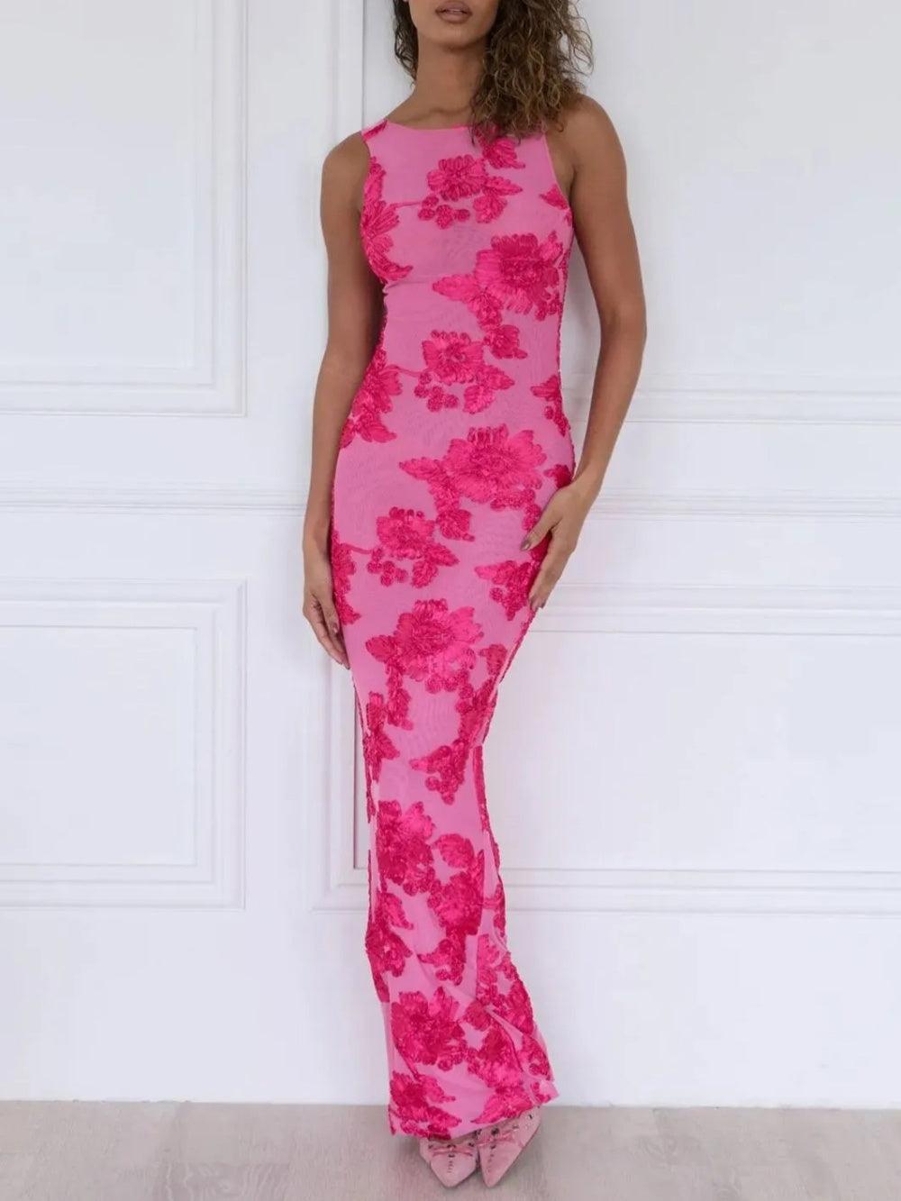 Floral Applique Mesh Maxi Dress