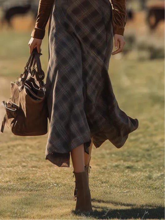 Chic Western Contrast Faux Suede Plaid Belted Maxi Dress（Includes belt）