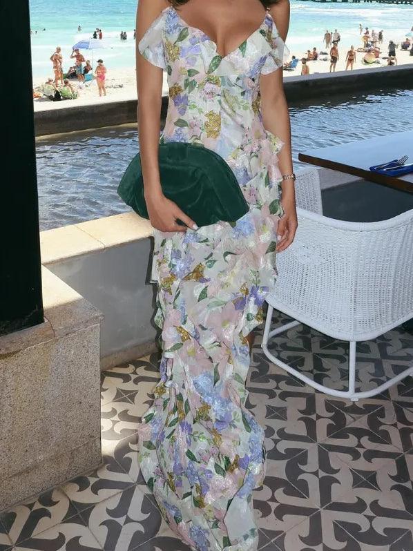 Multi-layer lace suspenders irregular hem Maxi Dress