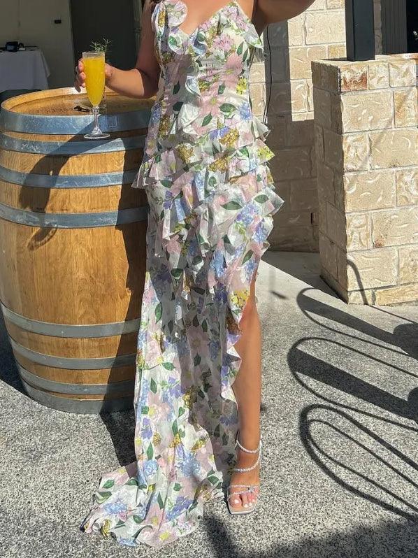 Multi-layer lace suspenders irregular hem Maxi Dress