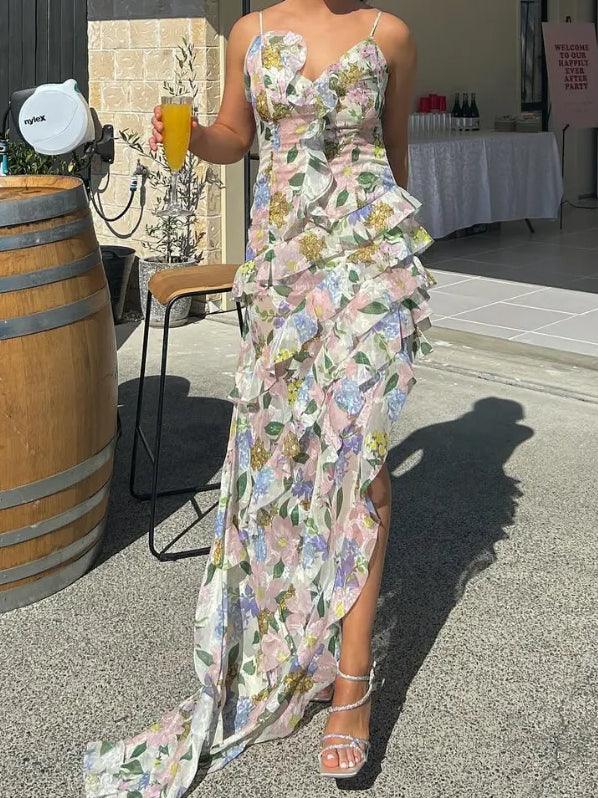 Multi-layer lace suspenders irregular hem Maxi Dress