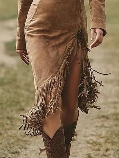 Suede Long-sleeved Irregular Tassel Hem Midi Dress