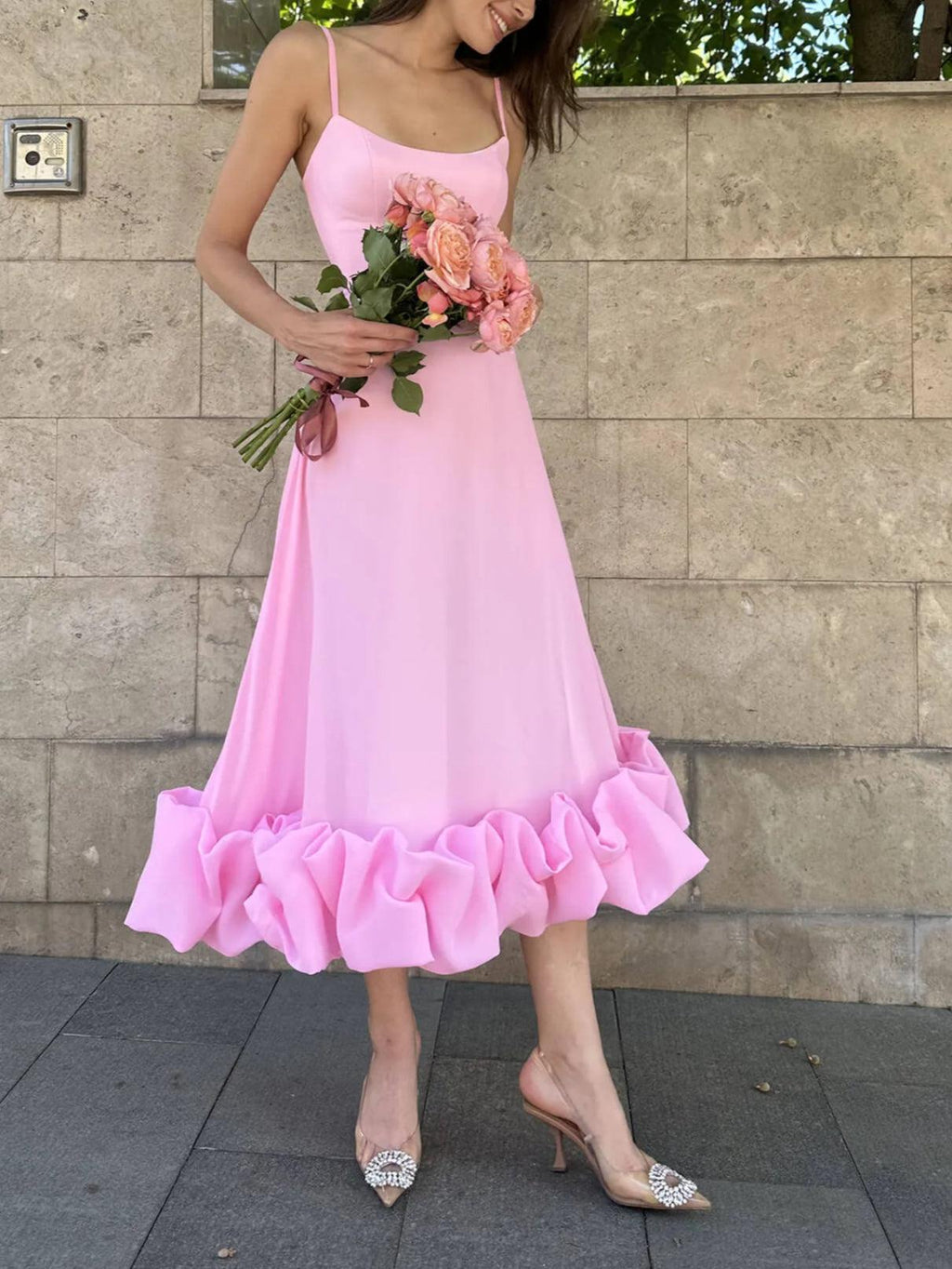 Sexy A-line long dress with suspenders and large dress