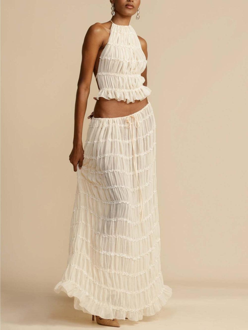 Pleated Drawstring Charm Waist Tiered Maxi Skirt Suit