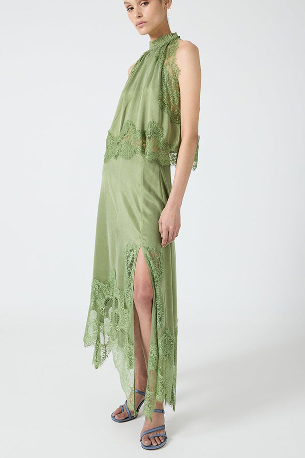 Lace Pleated Collar Top + Irregular Slit Skirt Set