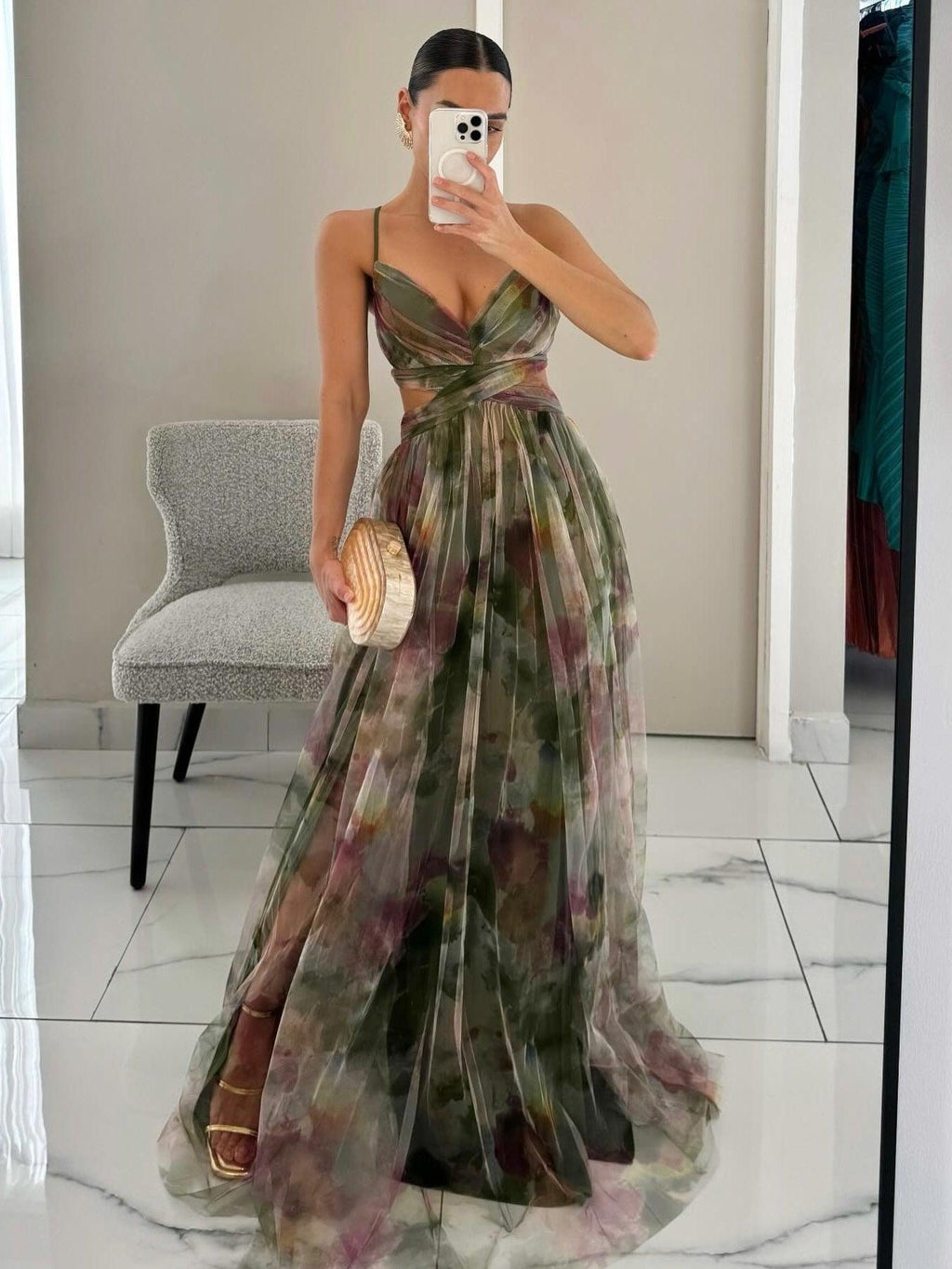 Elegant Painted Floral Print V-Neck A-Line Maxi Dress
