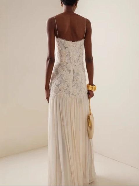 Chiffon long skirt three-dimensional flower stitching suspender dress